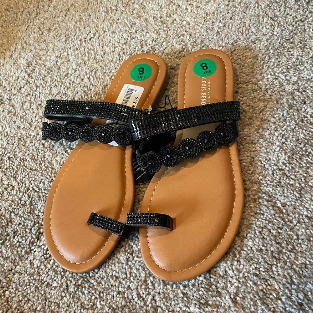 New black rhinestone sandals size 8